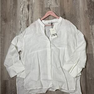 ZARA White 100% Linen Button Front Relaxed Fit Blouse Women’s Size XL NWT